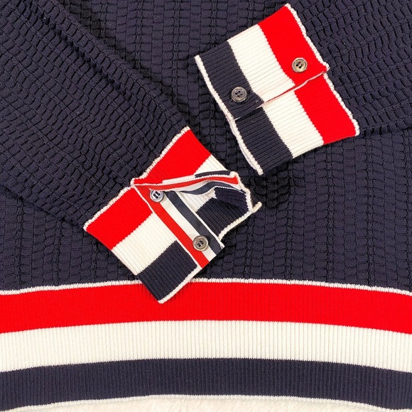 THOM BROWNE NAVY TEXTURED COTTON STRIPE RIB CREW NECK PULLOVER - Picture 6 of 16